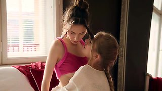 Blonde Brunette Lesbians Seduce in Lingerie: Fingering,