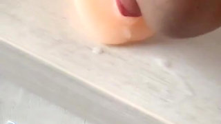 Twink Licks Own Cum From Fake Pussy