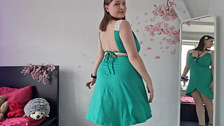 Try on Shiny Green Micro Bikini Beach Walk on Treadmill with Countdown