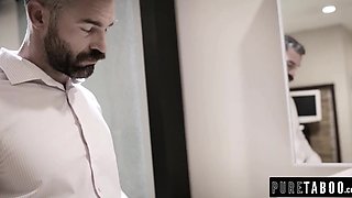 Sexy brunette maid gives her house owner a nice wet blowjob and then starts riding his cock in reverse cowgirl position