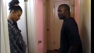 Superb ebony whore spreads her legs to get long black dick into her wet hole