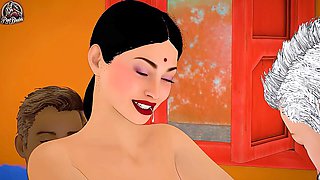 Chubby Indian bhabhi gets double teamed by her landlord and milkman in animated gangbang