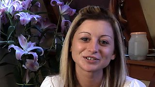 Small Blonde Teen Masturbates with Purple Dildo