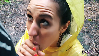 Brunette Girl in Yellow Raincoat Sucks Cock Outdoors