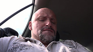 Babe masturbates in the car then sucks and rides a massive cock