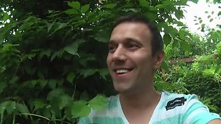 Old & Young Threesome: Blonde Babe Sucks Manhood and Shows Wet Pussy