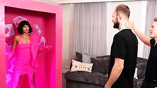 Hot Brunette in Pink Lingerie Sucks and Fucks Tattooed Stud