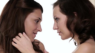 Two sexy brunette lesbian teens get assfucked