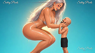 Giant Silver-haired Anime Babe Squats Down to Kiss Her Tiny Man