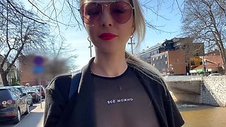 Public city walk in see-through top. Flashing tits to for