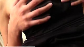 Short-haired ladyboy in black panties jerks off her fat cock