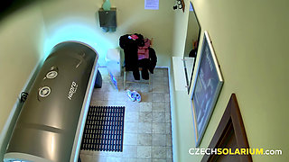 Czech Solarium 64: Blonde with No Panties Flashes Everything