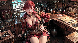 Redhead Pirate Captain! Playing with her cutlass in a vintage ship cabin