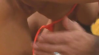 Cum Feet Scene 1: Gorgeous Brunette in a Bikini Enjoys Having Her Feet Fucked and Filled with Semen