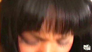 Sultry Asian Girl On The Kitchen Table Sticks A Large Black Cock In Her Constricted Pussy