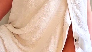 Busty curly brunette with big boobs fucks on couch
