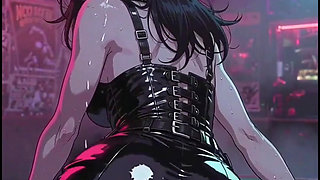 Dark anime woman in bar at billiards, rocker leather