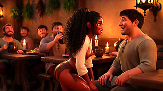 Hot Sensual Platinum Blonde Barmaid Flirty Wild Night In Bustling Medieval Fantasy Tavern With Cheerful Patrons